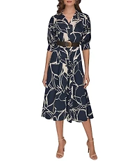 Donna Karan Floral Print Cotton Sateen Short Sleeve Midi Shirtdress
