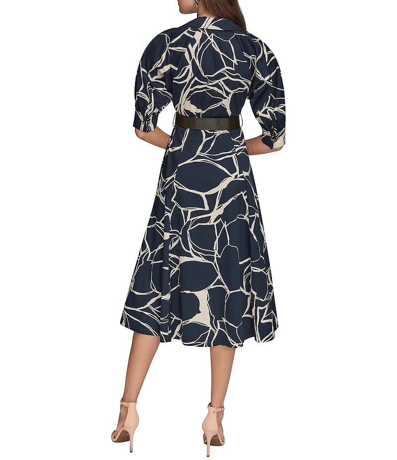 Donna Karan Floral Print Cotton Sateen Short Sleeve Midi Shirtdress