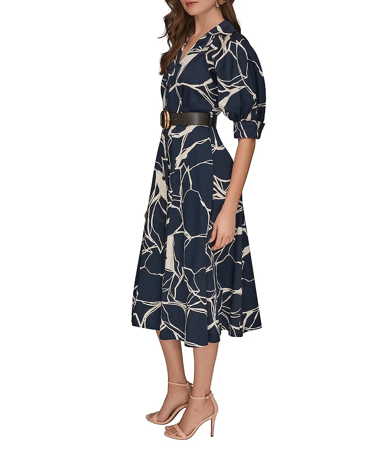 Donna Karan Floral Print Cotton Sateen Short Sleeve Midi Shirtdress