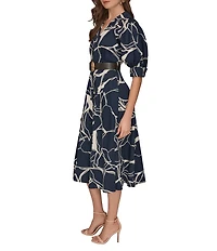 Donna Karan Floral Print Cotton Sateen Short Sleeve Midi Shirtdress