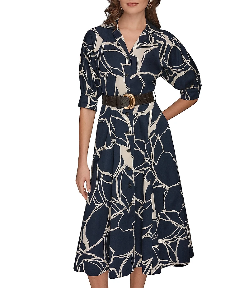 Donna Karan Floral Print Cotton Sateen Short Sleeve Midi Shirtdress
