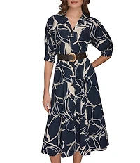Donna Karan Floral Print Cotton Sateen Short Sleeve Midi Shirtdress