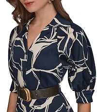 Donna Karan Floral Print Cotton Sateen Short Sleeve Midi Shirtdress