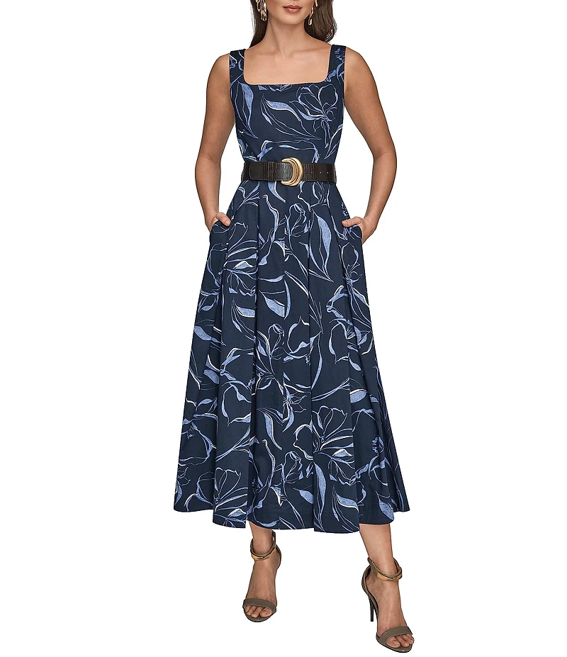 Donna Karan Floral Print Cotton Sateen Square Neck Sleeveless Belted Dress