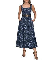 Donna Karan Floral Print Cotton Sateen Square Neck Sleeveless Belted Dress