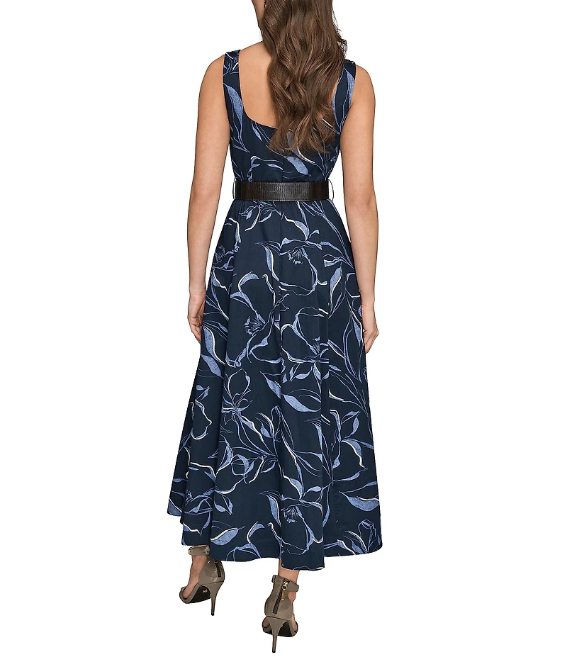 Donna Karan Floral Print Cotton Sateen Square Neck Sleeveless Belted Dress