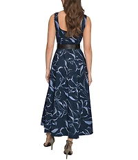 Donna Karan Floral Print Cotton Sateen Square Neck Sleeveless Belted Dress
