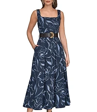 Donna Karan Floral Print Cotton Sateen Square Neck Sleeveless Belted Dress