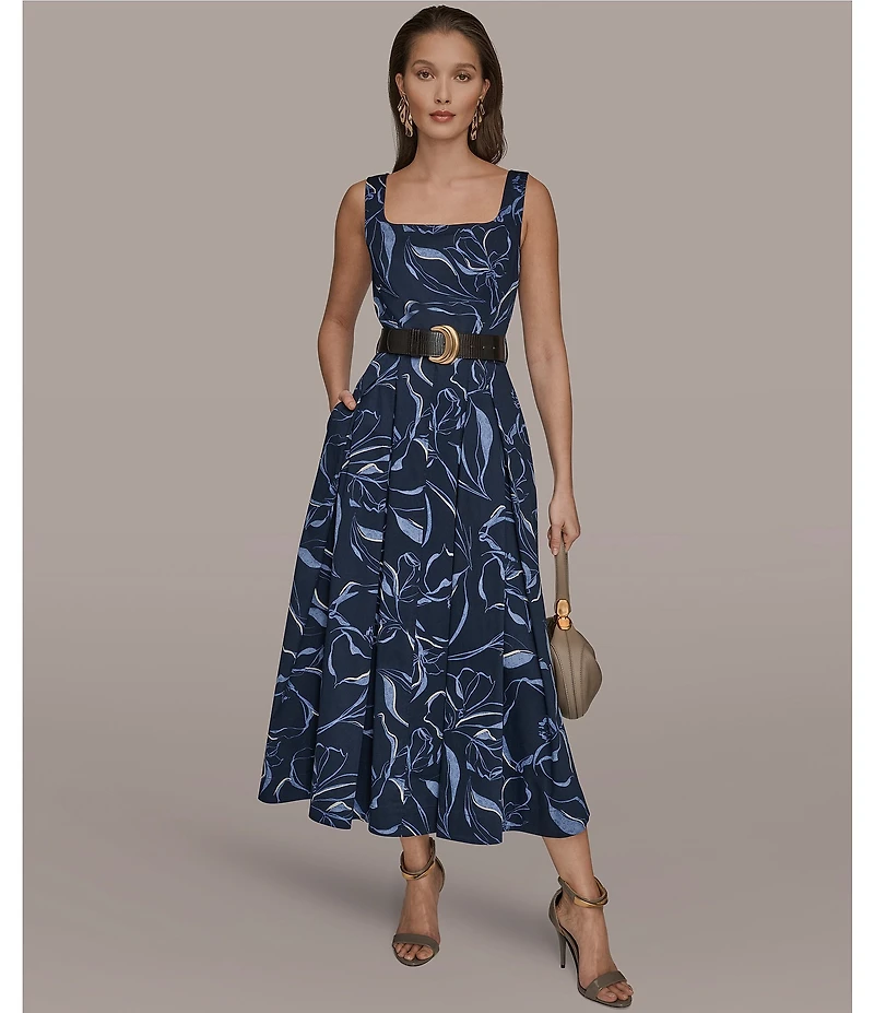 Donna Karan Floral Print Cotton Sateen Square Neck Sleeveless Belted Dress