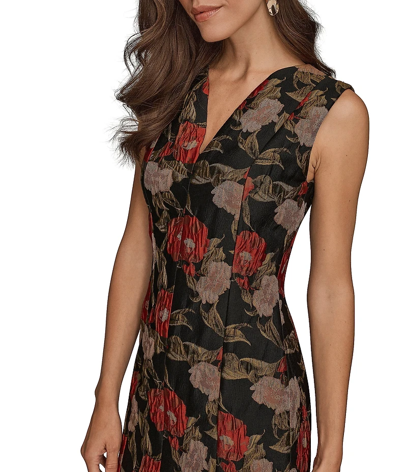 Donna Karan Floral Print Crinkle Brocade V-Neck Sleeveless Sheath Midi Dress