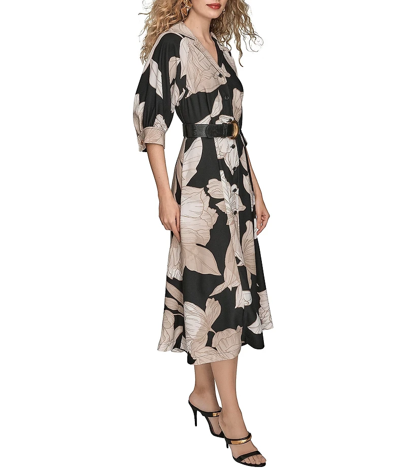 Donna Karan Floral Print Dot Crepe Short Sleeve Midi Shirtdress