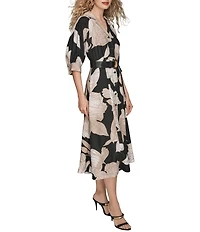 Donna Karan Floral Print Dot Crepe Short Sleeve Midi Shirtdress