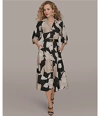 Donna Karan Floral Print Dot Crepe Short Sleeve Midi Shirtdress