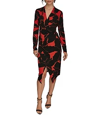 Donna Karan Floral Print Filament Jersey V-Neck Long Sleeve Faux Wrap Midi Dress