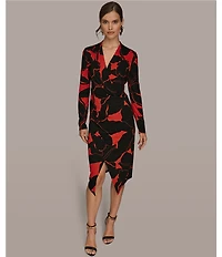 Donna Karan Floral Print Filament Jersey V-Neck Long Sleeve Faux Wrap Midi Dress
