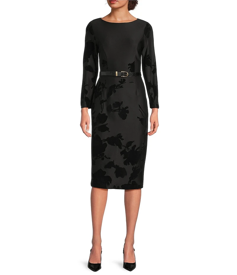 Donna Karan Floral Print Flocked Scuba Boat Neck 3/4 Sleeve Belted Midi Dress