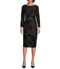 Donna Karan Floral Print Flocked Scuba Boat Neck 3/4 Sleeve Belted Midi Dress
