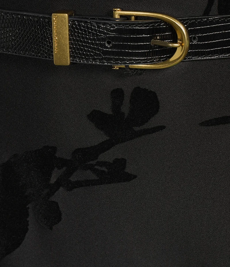 Donna Karan Floral Print Flocked Scuba Boat Neck 3/4 Sleeve Belted Midi Dress