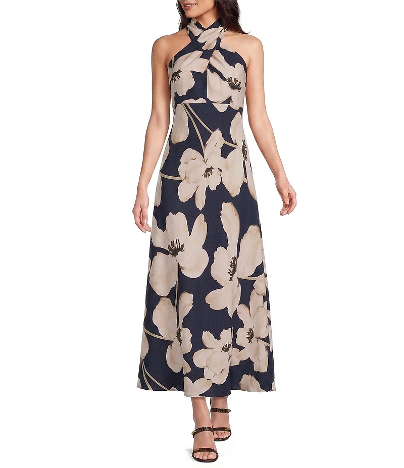 Donna Karan Floral Print Halter Neck Crepe Dress