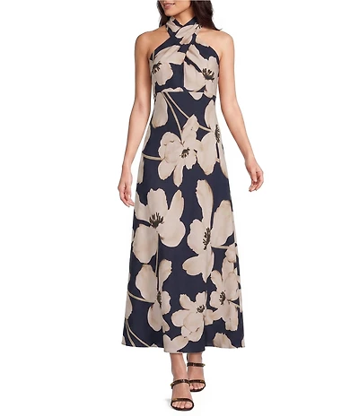 Donna Karan Floral Print Halter Neck Crepe Dress