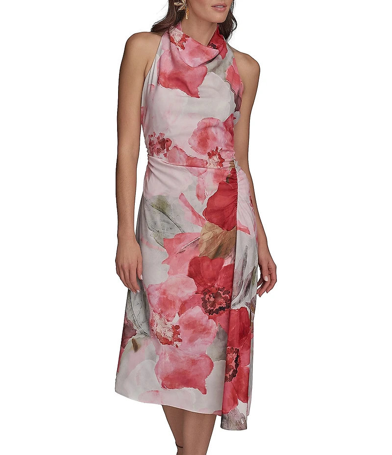 Donna Karan Floral Print Halter Neck Satin Slip Midi Dress