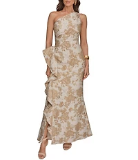 Donna Karan Floral Print Jacquard One Shoulder Sleeveless Cascade Ruffle Ball Gown