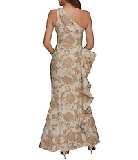 Donna Karan Floral Print Jacquard One Shoulder Sleeveless Cascade Ruffle Ball Gown