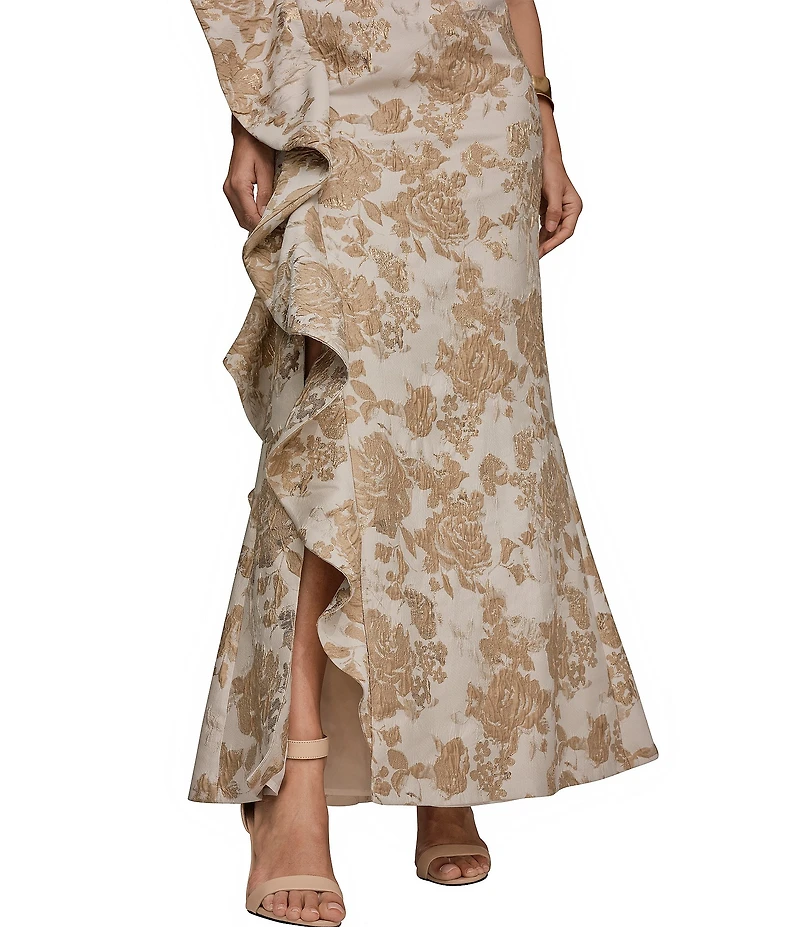 Donna Karan Floral Print Jacquard One Shoulder Sleeveless Cascade Ruffle Ball Gown