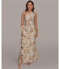 Donna Karan Floral Print Jacquard One Shoulder Sleeveless Cascade Ruffle Ball Gown