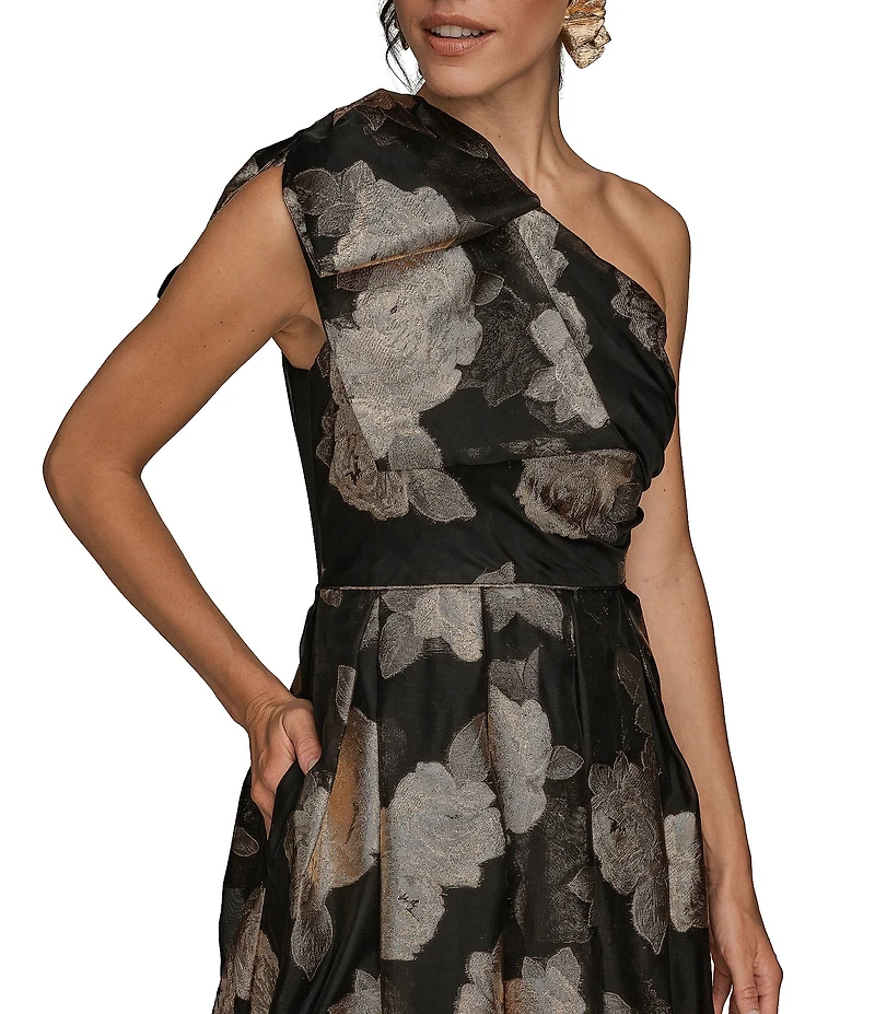 Donna Karan Floral Print Jacquard One Shoulder Sleeveless Gown