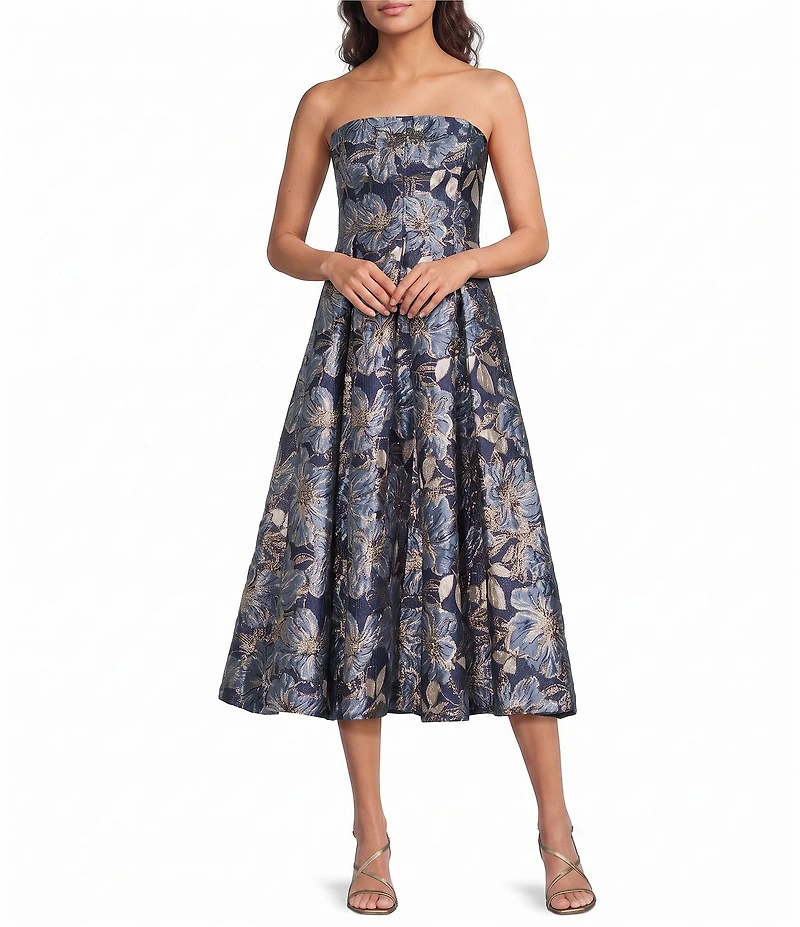 Donna Karan Floral Print Jacquard Strapless Midi Dress