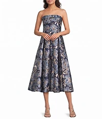 Donna Karan Floral Print Jacquard Strapless Midi Dress