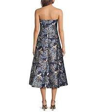 Donna Karan Floral Print Jacquard Strapless Midi Dress