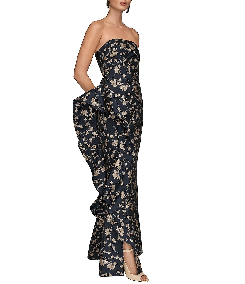 Donna Karan Floral Print Jacquard Taffeta Strapless Sleeveless Ruffle Side Gown