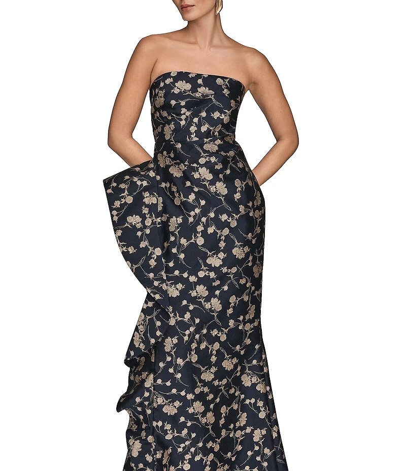 Donna Karan Floral Print Jacquard Taffeta Strapless Sleeveless Ruffle Side Gown