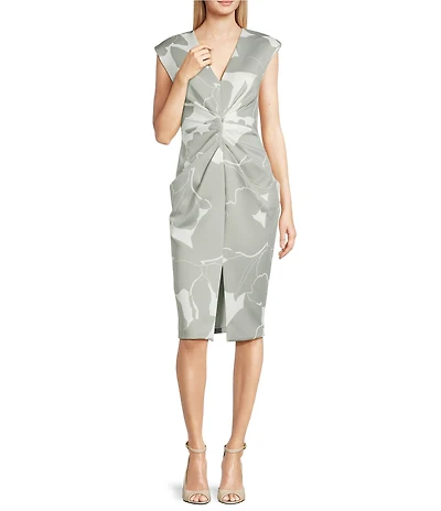 Donna Karan Floral Print Lightweight Ruched Scuba V-Neck Sleeveless Dress