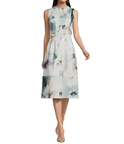 Donna Karan Floral Print Lightweight Scuba Sleeveless Midi Dress