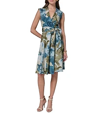 Donna Karan Floral Print Linen Blend V-Neck Sleeveless Belted Wrap Dress