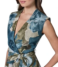 Donna Karan Floral Print Linen Blend V-Neck Sleeveless Belted Wrap Dress