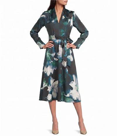 Donna Karan Floral Print Long Sleeve Charmeuse Faux Wrap Midi Dress