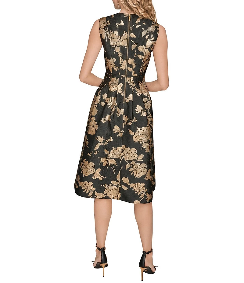 Donna Karan Floral Print Metallic Jacquard Round Neck Sleeveless Gown