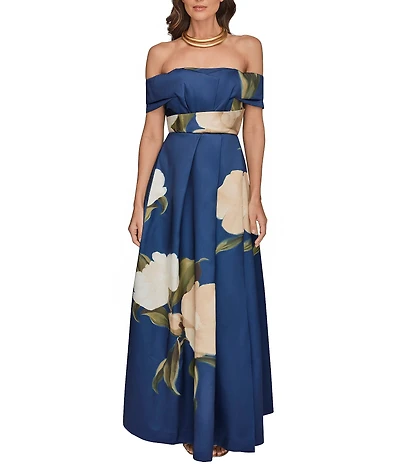 Donna Karan Floral Print Mikado Off The Shoulder Sleeveless Gown