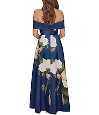 Donna Karan Floral Print Mikado Off The Shoulder Sleeveless Gown