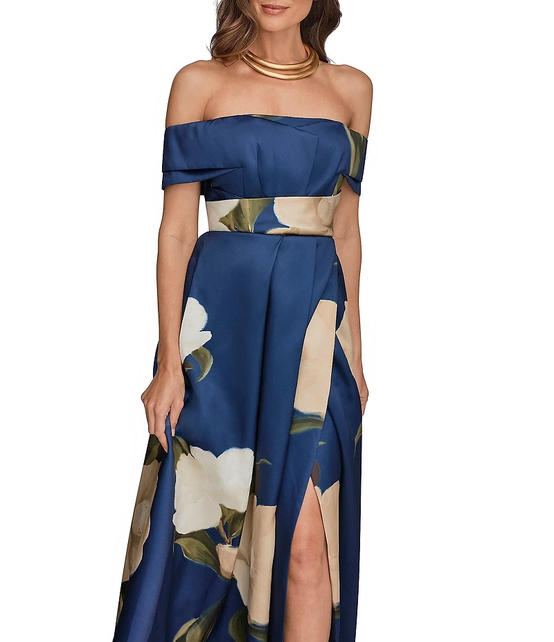 Donna Karan Floral Print Mikado Off The Shoulder Sleeveless Gown