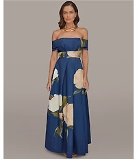Donna Karan Floral Print Mikado Off The Shoulder Sleeveless Gown