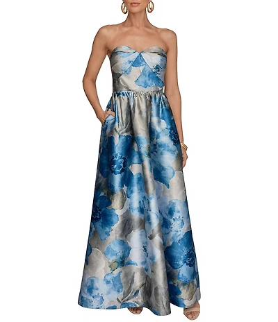 Donna Karan Floral Print Mikado Strapless Sweetheart Neck Sleeveless Ball Gown