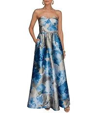Donna Karan Floral Print Mikado Strapless Sweetheart Neck Sleeveless Ball Gown