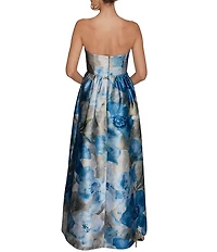 Donna Karan Floral Print Mikado Strapless Sweetheart Neck Sleeveless Ball Gown