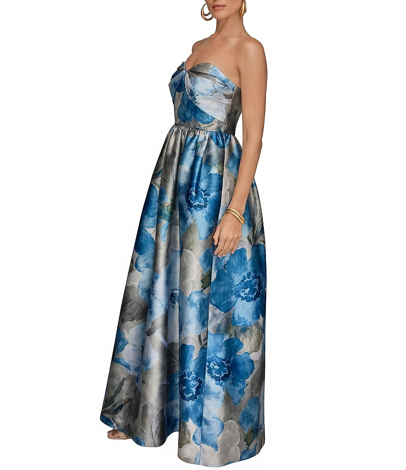 Donna Karan Floral Print Mikado Strapless Sweetheart Neck Sleeveless Ball Gown