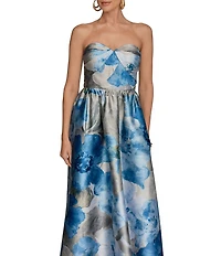 Donna Karan Floral Print Mikado Strapless Sweetheart Neck Sleeveless Ball Gown